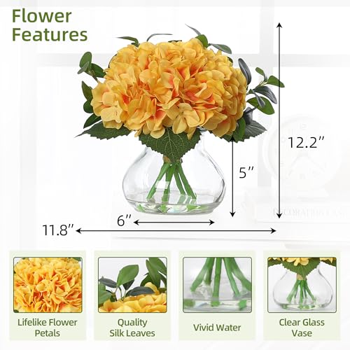 Hydrangea Artificial Flowers in Vase, Silk Faux Hydrangea Arrangements with Glass Vase and Faux Water for Home Decor Wedding Bouquets Table Centerpieces, Yellow, Set of 7 - color: Hydrangea Stems With Faux Water, size: Yellow