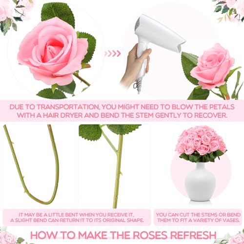 Hotop 80 Pcs Rose Artificial Flowers Bulk with Long Stem, Silk Roses Realistic Fake Flowers Bouquet for Wedding Table Centerpieces Bridal Shower Party Home Decorations(Pink) - color: Pink