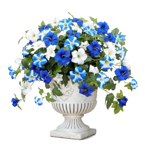 Artificial Flowers for Outdoors, 4 PCS Blue Faux Morning Glory UV Resistant Silk Flowers for Outdoor Planters Garden Balcony Porch Decor Realistic Fake Flowers for Spring Decoration - color: Blue, size: 4 Bundles