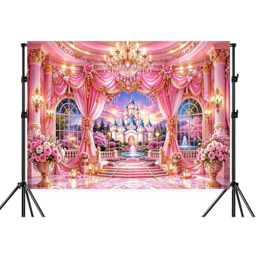 6X4ft Pink Princess Castle Backdrop Floral Curtain Chandelier Palace Photography Background Fairy Tale Wonderland for Girls Birthday Baby Shower Party Photo Booth Wall Decor Banner - color: Multi12, size: 6X4FT