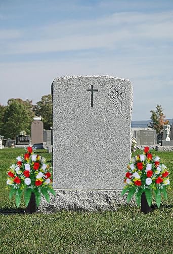 LVXINLI Artificial Cemetery Flowers, Gravesite Decoration Roses, Memorial Bouquets with Cemetery Vase, Vibrant and Long-Lasting Colors (Red + White, 2 Bundles) - color: Red + White