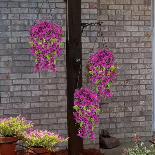 2 Pcs Fake Hibiscus Flowers Artificial Hanging Flowers Plants for Outdoors Realistic UV Resistant Spring Summer Decor Fuchsia Silk Faux Flowers Trailing Vines for Front Door Porch Outside - color: Fuchsia