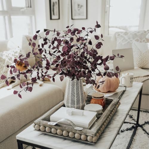 6 Pcs Artificial Fall Stems Long Stem Fall Flowers for Tall vase Burgundy Eucalyptus Stems Lifelike Faux Fall Foliage Stems Dusty Plum Stems for Indoor Home Table Vase Centerpiece Farmhouse Fall Decor - color: Red Brown
