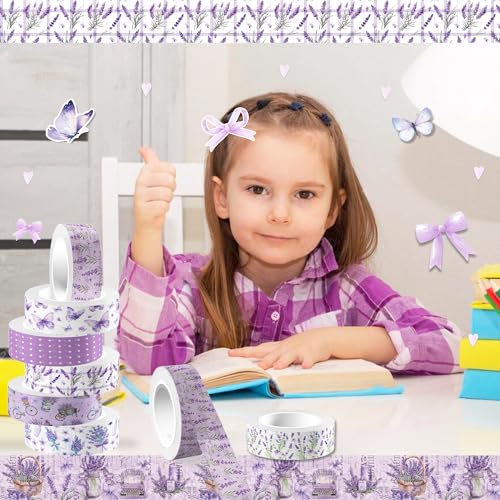 12 Rolls of Lavender Washi Tape, Purple Floral Decorative Tape, DIY Flower Butterfly Pattern Sticker for Journals, Planners, Scrapbooking, Packaging, Crafts, Party Supplies Favors