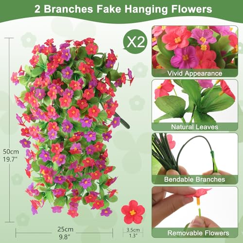 Artificial Fake Hanging Flowers for Outdoors, 2 Pcs Artificial Hanging Plants Outdoors Spring Summer Decor, UV Resistant Faux Violet Silk Flowers for Planters Front Door Yard Garden(Pink Rose Red) - color: Pink Rose Red