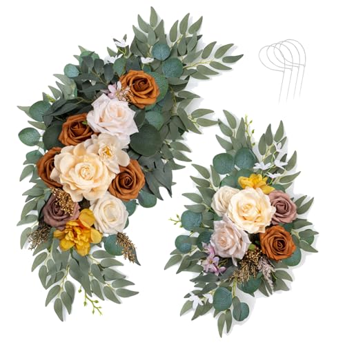 AitnWoy Artificial Wedding Arch Flowers Kit 2 PCS Dust Rose Flowers Silk Peony Floral Swag Welcome Sign for Wedding Ceremony Party Home Garland Decor - color: Brownish, size: 28" + 11"