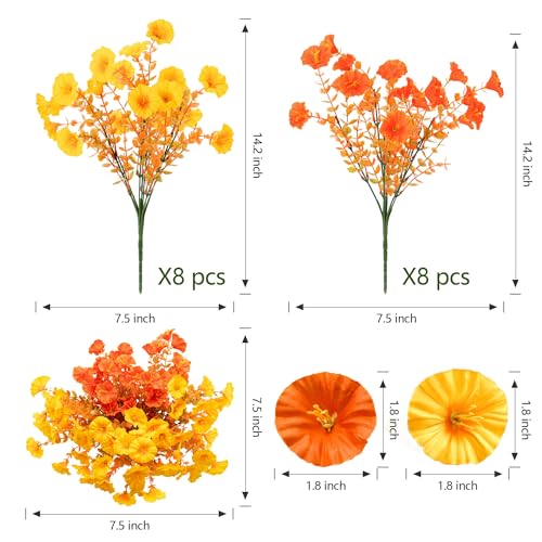 16 Bundles Fall Mums Artificial Flowers for Outdoor Decoration,Realistic Fake Plants Orange Red Petunias, UV Resistant Faux Yellow Silk Flowers for Vase Planter Front door Porch Garden (Autumn) - color: Autumm