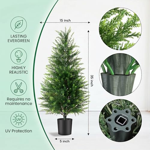 3FT Artificial Cedar Trees 2 Pack, UV Protected | Lifelike artificial cypress, UV protected, no watering. Fake outdoor topiary potted plants for porch, patio, garden. - size: 3FT