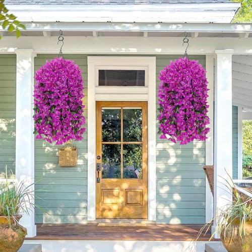 2PCS Faux Bougainvillea UV Resistant Artificial Flowers Plants for Outdoors Faux Hanging Bougainvillea Flowers Outside Decoration Fake Silk Long Trailing Vines for Front Door Porch Patio (Purple) - color: Purple