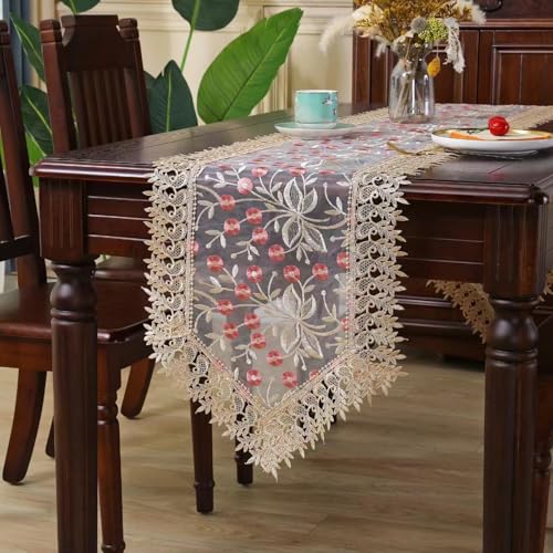 Lace Table Runner Floral Embroidery Fabric Rustic Table Runners Elegant Chic Table Transparent Cover for Home Dining Room Tabletop Decor Wedding Party Dresser (Champagne&Pink, 16 x 70 Inch) - color: Champagne&pink, size: 16 x 70 Inch