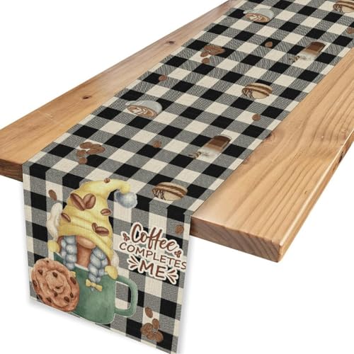 Coffee Time Table Runner, Rustic Black White Plaid Buffalo Gnome Coffee Theme Cafe Cup Tea Bean Drinks Table Center Decor for Family Outdoor Holiday Party Table Decorations, 13"x36" - color: Coffee-1, size: 13“ X 36"