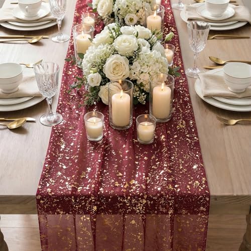 Artoid Mode Burgundy Gold Gauze Table Runner 120 Inch 10FT, Glitter Metallic Foil Sheer Dining Wedding Anniversary Holiday Birthday Table Decor for Home Party - color: Burgundy, size: 28" x 120"