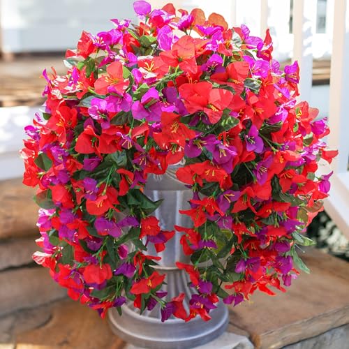 HyeFlora Bougainvillea Artificial Hanging Flowers Plants for Outdoors Decoration, 2pcs Fake Flowers Bougainvillea Vines Realistic UV Resistant Silk Flower for Outside Planter Porch Patio Yard Urn, Mix - color: Purple + Red