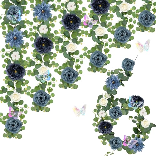 Eucalyptus Garland with Flowers - 6 Pack 5.9 FT Fake Flower Garland with Butterflies Faux Rose Greenery Garlands for Wedding Table Backdrop Arch Centerpieces Decorations - Navy Blue - color: Navy Blue, size: 6 Pack