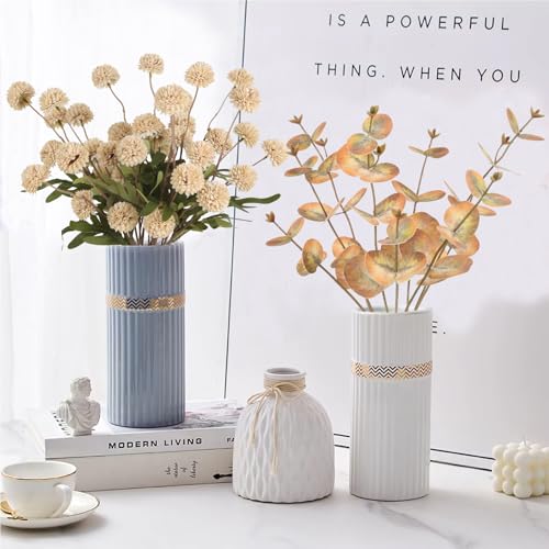 8 Stems Faux Kiku Flower with 3 Branches Eucalyptus Stems,Beige Fake Chrysanthemum Flowers Artificial Silk Pom Pom Balls for Wedding Bouquet Home Office Party Floral Arrangements(Beige) - color: Beige