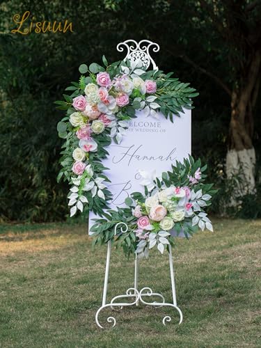 Lisuun Artificial Wedding Arch Flowers with Chiffon Runner, Pack of 3 | Includes 2 Flower Swags, 1 20ft Chiffon Runner and Zip Ties for Wedding Arches, Arbors and Backdrops - color: Blush&pink
