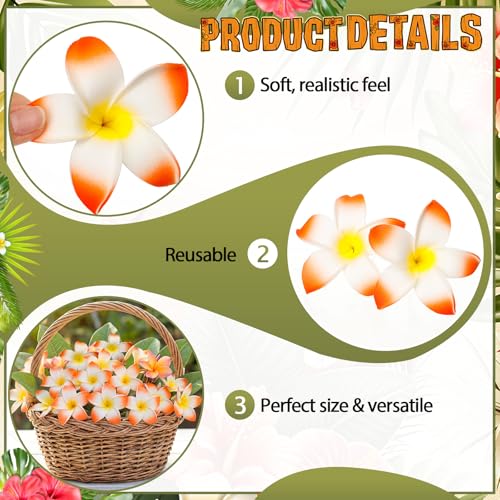 Tigeen 30 Pcs Hawaiian Plumeria Frangipani Artificial Flowers Fake Tropical Flowers with Stems for DIY Birthday Gifts Wedding Home Hawaiian Party Decor Table Centerpiece (Orange) - color: Orange