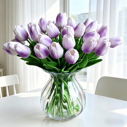 Artificial Tulips 10Pcs Real Touch Fake Tulips PU Flower Arrangement Bouquets for Home Party Decoration (Purple) - color: Purple