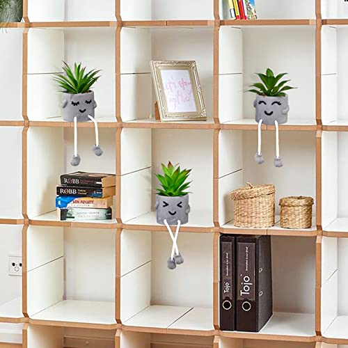 Creative Artificial Succulent Plants with Gray Pots Mini Potted Succulents Cute Fake Plants Succulents with Hanging Leg & Emotional Cement for Home Office Desk Decor and Gift Choice - color: 3set-smile