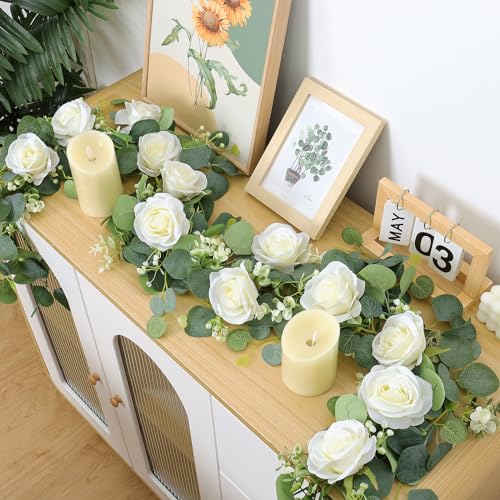 TOCHGREEN 2Pcs(13 Ft) Artificial Eucalyptus Flower Garland with White Rose Flowers,Faux Rose Vine Gypsophila Greenery for Home Party Wedding Table Decor (White, 2PCS) - color: White, size: 2PCS