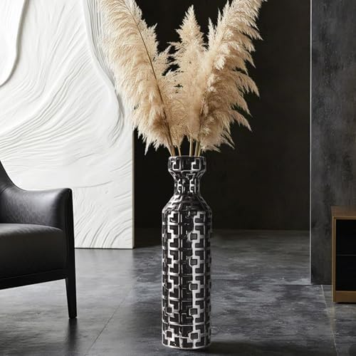 24.4 Inch Tall Floor Vase - Ceramics Black Vases with Silver Geometric Patterns, Large Cylinder Vases, Modern Home Decor for Living Room, Entryway, or Indoor Spaces - color: Black With Silver