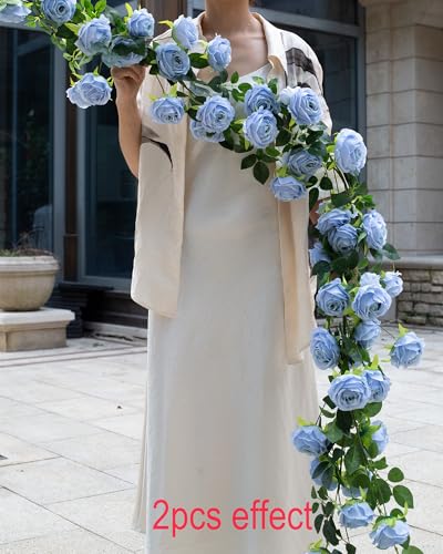 Bendable Artificial Flower Garland Faux Rose Vine Hanging Floral Garland for Wall Decor Trellis Fence Home Room Garden Wedding Decoration(Blue, 1pcs) - color: Blue, size: 1pcs