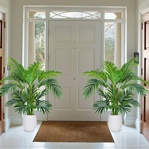 Worth Garden 4ft Artificial Areca Palm Plant 2 Packs in Pot, Fake Cane Palm Silk Tree Indoor Outdoor, Dypsis Lutescens, 47in Lifelike Faux Silk Plant Home Decor, Two Linen Bags Included - size: 2-PACK