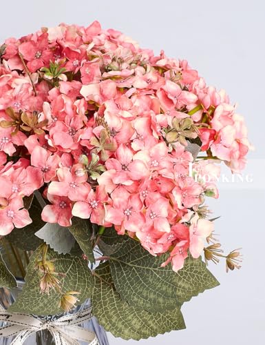 PONKING Hydrangea Artificial Flower 3pcs Realistic Faux Silk Hydrangeas Fake Flowers Bouquets Arrangements Decor for Wedding Spring Mother's Day, Home Table Decorations, Sunset Pink Flower - color: E 3pcs Sunset Pink Hydrangea