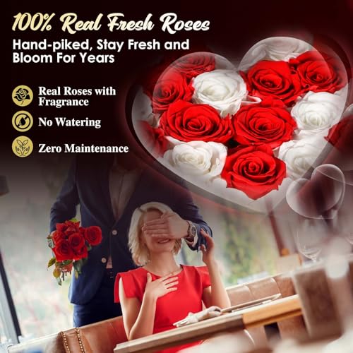 ADDWel Romantic Preserved Roses Bouquet for Her Anniversary, Birthday Flower Gifts for Women, 27-Pieces Eternal Roses with Natural Fragrance in Heart-Shape Box for Wife Girlfriend Mom - color: Red & White - 27 Roses