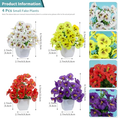 LOYWREE 4 Pack Small Artificial Pansy Flowers Fake Plants in White Pots, Mini Potted Floral Spring Decorations for Home Bathroom Shelves Office Desk Table Centerpiece Indoor Decor - color: Pansy-white Pot, size: White Pot