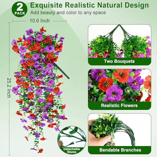 Artificial Hanging Flowers for Outdoors Decorations 2 Pack, Fake Hanging Flowers, UV Resistant Artificial Hanging Plants Outdoors for Home Porch Patio Balcony Baskets Yard(Purple & Red) - color: Purple Red