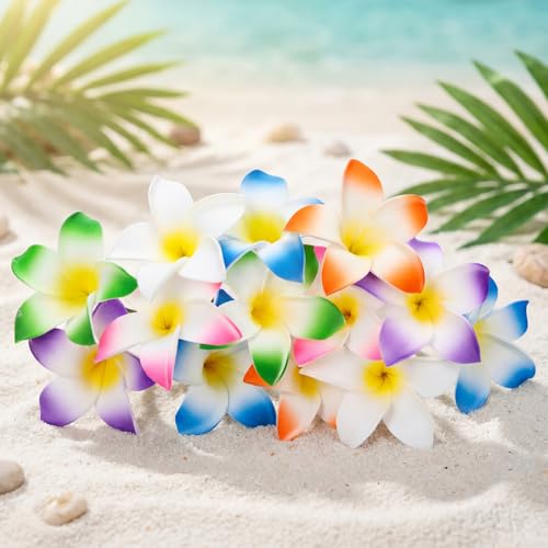 Tigeen 30 Pcs Hawaiian Plumeria Frangipani Artificial Flowers Fake Tropical Flowers with Stems for DIY Birthday Gifts Wedding Home Hawaiian Party Decor Table Centerpiece (Multicolored) - color: Multicolored