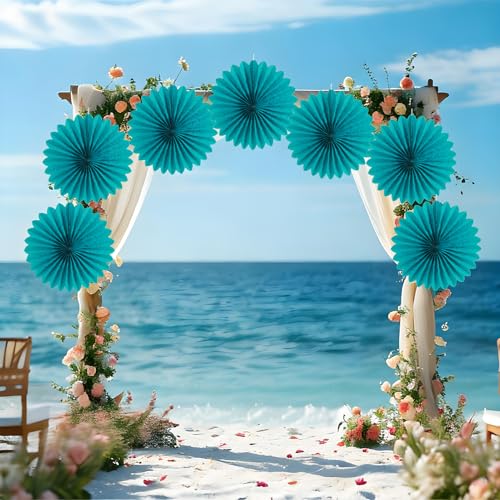 Easy Joy Teal Party Decorations Paper Fans Birthday Wedding Home Party Hanging Decoration, Set of 6 (14 Inches, Teal) - color: Teal