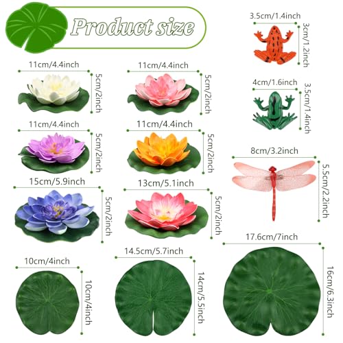 QUOZUO 22 Pack Artificial Floating Foam Lotus Flowers with Artificial Frog Lotus Leaves, Lily Pads for Lake, Pond Plants Ornaments for Pool Water Decoration, Colorful