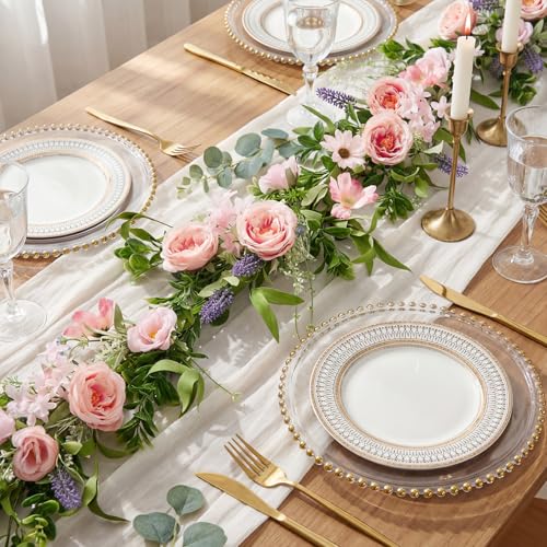 Giegxin 1 Pack 6 ft Artificial Flower Garland with Rose and Daisy Flower Pink Fake Wisteria Vines Summer Greenery Eucalyptus Garland for Wedding Mantle Porch Stair Table Indoor Decor - style: Rose