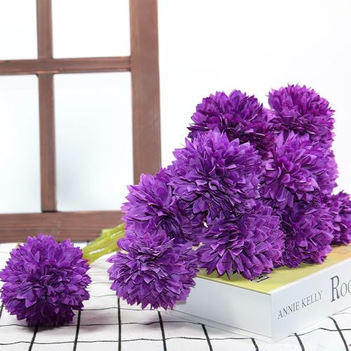 Tinsow 12 Pcs Artificial Flowers Purple Faux Ball Chrysanthemum Bouquet Flowers Wedding Bouquet for Home Garden Party Wedding Decoration - color: Purple