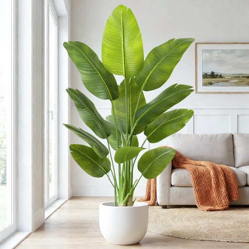 Lifelike Bird of Paradise Artificial Plant,5ft Faux Banana Leaf Tree with 12 Trunks - Perfect Indoor Silk Floor Plant for Home Decor in Living Room, Office, and Bedroom 1Pack - size: 5ft