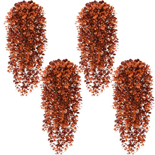 Waipfaru 4Pcs Fake Hanging Plants, Red-Brown Eucalyptus Leaves UV Resistant Fake Vines Ivy Artificial Plants Outdoor Faux Plants Indoor Bedroom Living Room Boho Wall Porch Shelf Decor - color: Red-brown Eucalyptus Vines, size: 4Pcs Plants