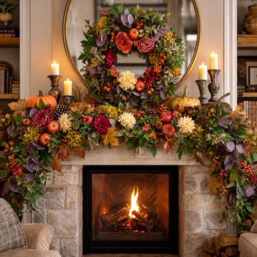 6 ft Fall Garlands for Mantle Autumn Artificial Maple Leaves Wildflowers Apple Berry Garland Fall Fake Harvest Decortable Centerpiece for Thanksgiving Fireplace Indoor Outdoor - style: Autumn