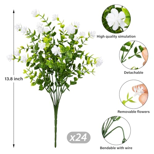 Ouddy Decor 24 Bundles Artificial Flowers for Outdoors Decoration Fake Flowers UV Resistant Faux Plastic Greenery Eucalyptus Plants for Spring Summer Garden Patio Indoor Outdoor Home Decor, White - color: White