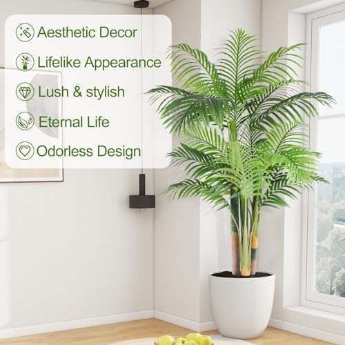 5ft Tall Triple Golden Cane Palm Artificial Tree Large Tropical Palm Tree UV Resistant Fake Plant in Pot for Indoor Outdoor Big House Living Room Outside Patio Office Home Decor 1Pack - size: 5ft