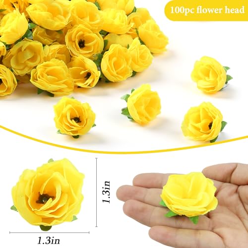 SITUMEIZI 100 Pcs 1.3 inches Mini Rose Head Artificial Roses Fake Silk Flower Yellow for Wedding Decor, Graduation Cap, Cake, DIY Flower Wall Mother's Day Home Party Decor - color: Yellow