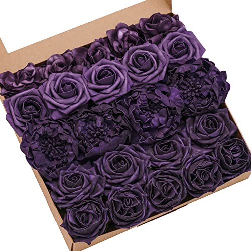 Ling's moment Artificial Flowers Fake Roses Faux Peony Foam Gardenia Combo for DIY Wedding Bouquets Centerpieces Arrangements Bridal Shower Party Home Decorations, Purple, 23pcs - color: Prpl-purple