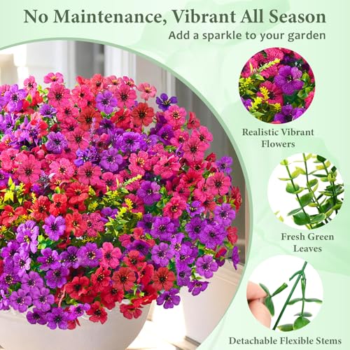 Artificial Flowers for Outdoors, 22 Bundles UV Resistant Fake Outdoor Flowers, Realistic Faux Outdoor Flowers for Decoration, Outside Fake Plants for Porch Garden Decor, Mixed Rose Red Purple - color: Mixed Purple, size: 22 Pack