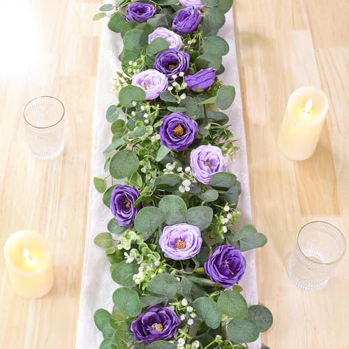 TOCHGREEN 2 Pack 13Ft Artificial Eucalyptus Flower Garland with Purple Roses, Fake Rose Flower Greenery Garland Floral Vines for Wedding Home Party Table Runner Decor (Purple, 2PCS) - color: Purple, size: 2PCS