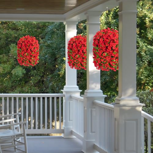 Ammyoo Artificial Faux Hanging Flowers Basket for Spring Summer Outdoor Outside Porch Decoration, Fake Silk Colorful Morning Glory Eucalyptus UV Resistant Look Real for Home Patio Balcony Yard(Red) - color: Red
