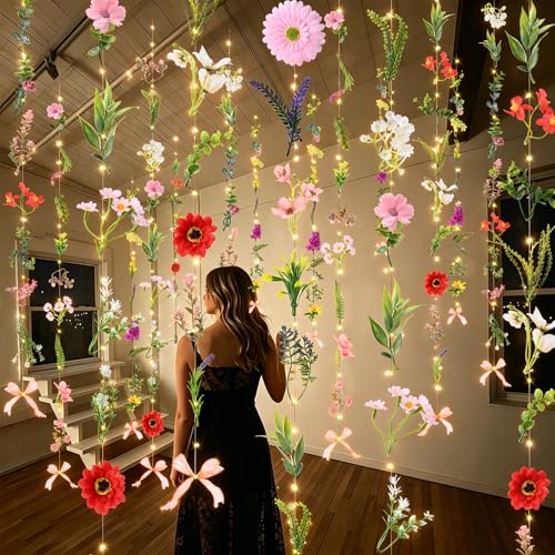 Livole 6Pcs 36Ft Hanging Flower Garland with Light, Wildflower Garlands Backdrop Silk Fake Floral Vines with Hooks for Spring Party Wedding Birthday Anniversary Arch Wall Garden Decor - color: Wildflowers With Light, size: 6Pcs