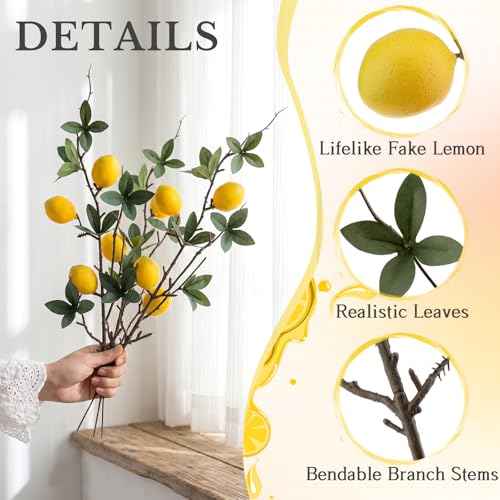 Gresorth 5 Pcs 18.9 Inch Artificial Lemon Branches Decoration Fake Small Lemons Branches with Leaves Realistic Lemons Fruit Decor Wreath Garden Farmhouse Porch - color: Small Lemon Branch