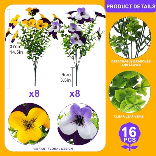 16 Pcs Artificial Pansy Flowers for Outdoor Faux Silk Spring Flowers for Outside, UV Resistant Realistic Pansies for Window, Front Door, Porch and Home Decor (16, Purple, Yellow, White, Light Purple) - color: Purple, Yellow, White, Light Purple