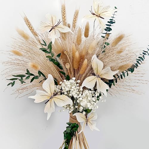 Pampas Grass Dried Flower Bouquet for Boho Home Decor | Eucalyptus, Butterflies & Bunny Tails Arrangements for Vase, Moody Office,Bedroom Table Centerpiece Décor - color: Natural